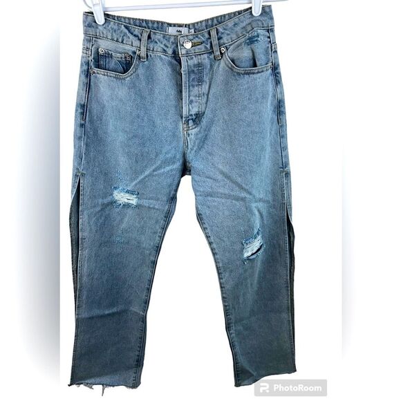 Adika Blue Light Jeans Distressed With Side Slits Button Fly Distressed Sz L New - Picture 2 of 10